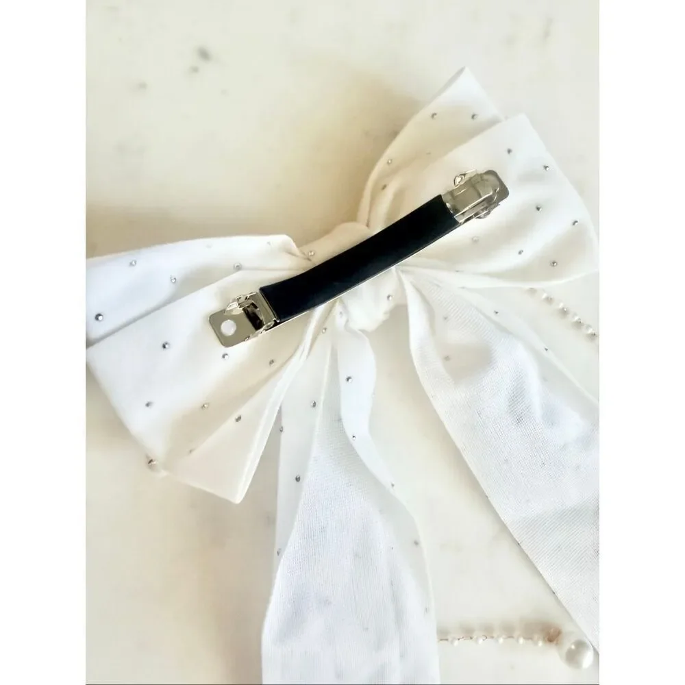 Elegant Pearl Chain Rhinestone Bow Hair Clip — Bridal / Coquette